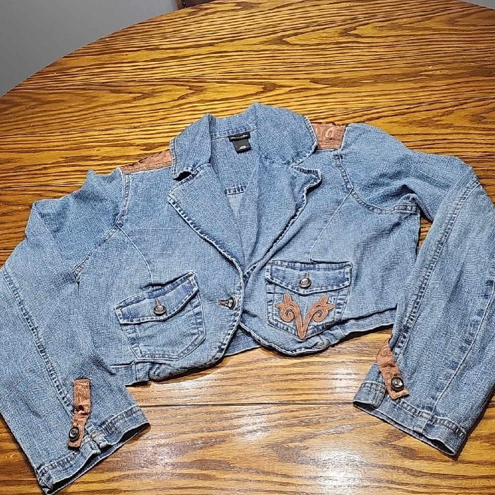 Platinum Edge VINTAGE Stylish Denim Cropped Jacket with Brown Accents size 14/16